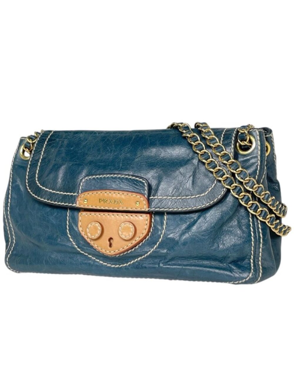 Prada Shoulder Bag Logo Chain Leather Blue